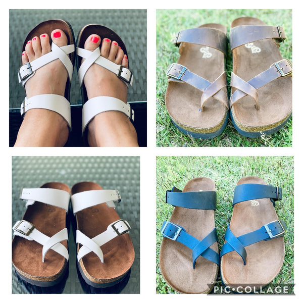 Footbed Slides with Genuine Leather Straps