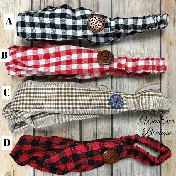 Plaid Headband With Buttons