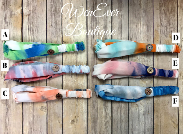 Tye Dye Stretch Headband with Buttons for Face Masks-Solid