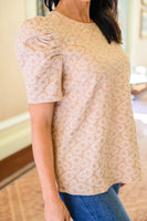 Kelsi Jacquard Puff Sleeve Top In Tan