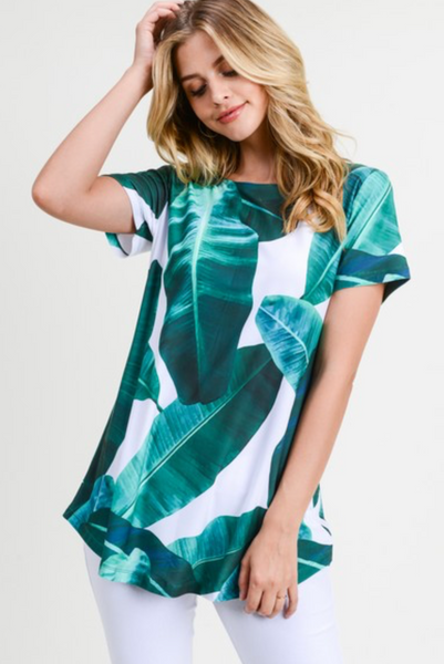 Yelete Short Sleeve Palm Leaf Print Tunic Top